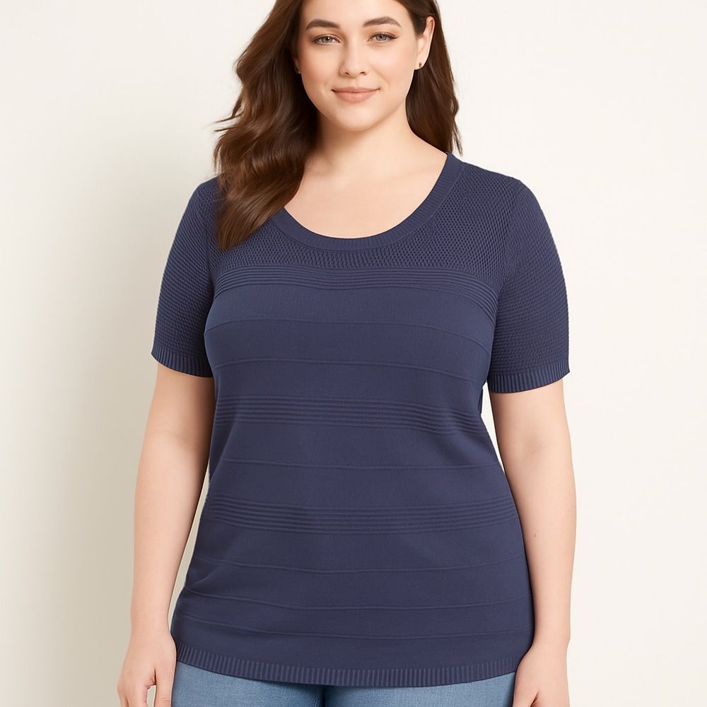 Lane Bryant Fitted Short-Sleeve Pullover Sweater Navy Textured Stitch 26/28 Plus